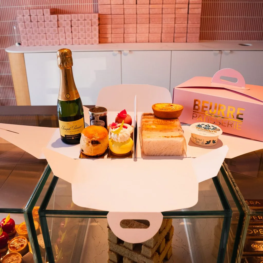 Beurre afternoon tea box with champagne